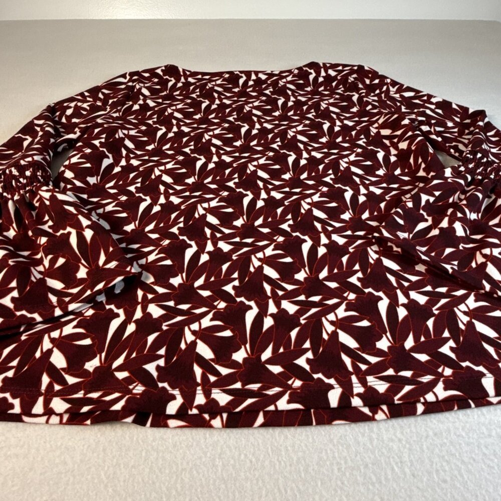 Ann Taylor Burgundy Floral Stretch Top‎ Long Smocked Bell Sleeves Med - Picture 9 of 9